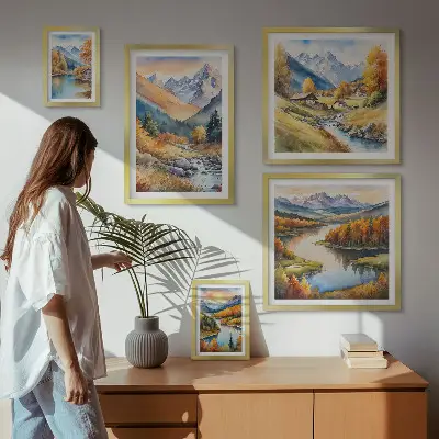 Set de 5 cuadros de paisajes de montaña otoñales para salón