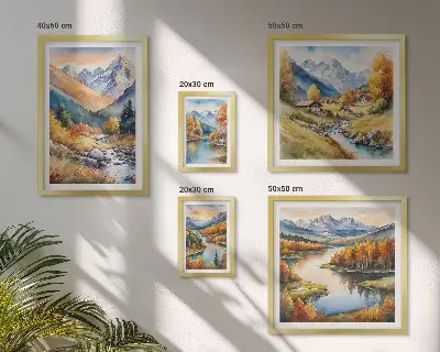 Set de 5 cuadros de paisajes de montaña otoñales para salón