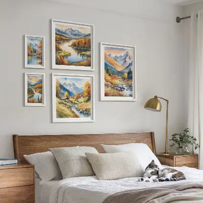 Set de 5 cuadros de paisajes de montaña otoñales para salón