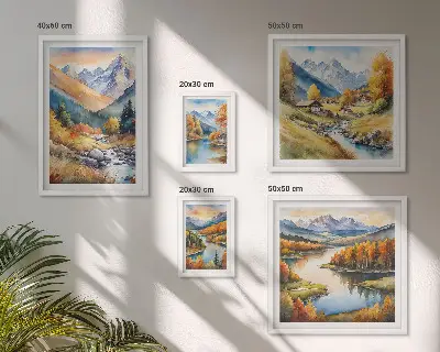 Set de 5 cuadros de paisajes de montaña otoñales para salón
