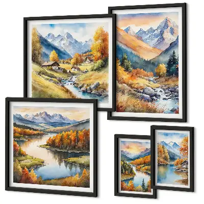 Set de 5 cuadros de paisajes de montaña otoñales para salón