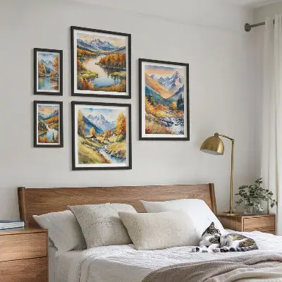 Set de 5 cuadros de paisajes de montaña otoñales para salón