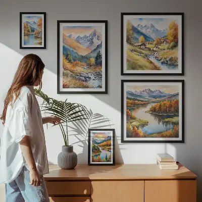 Set de 5 cuadros de paisajes de montaña otoñales para salón