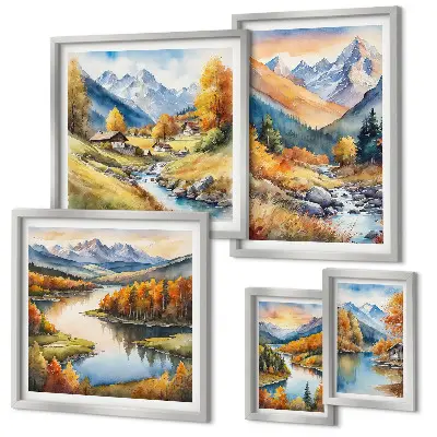 Set de 5 cuadros de paisajes de montaña otoñales para salón