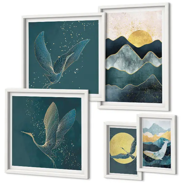 Conjunto de cuadros decorativos con diseño de pájaros y sol en la montaña