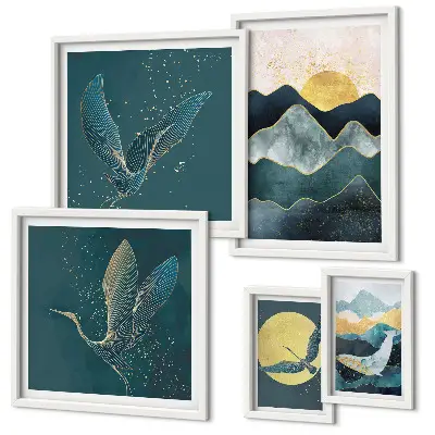 Conjunto de cuadros decorativos con diseño de pájaros y sol en la montaña