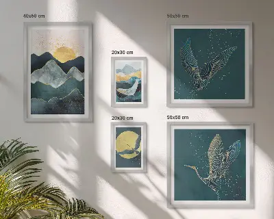 Conjunto de cuadros decorativos con diseño de pájaros y sol en la montaña