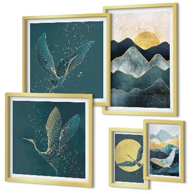 Conjunto de cuadros decorativos con diseño de pájaros y sol en la montaña