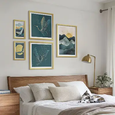 Conjunto de cuadros decorativos con diseño de pájaros y sol en la montaña