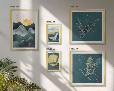 Conjunto de cuadros decorativos con diseño de pájaros y sol en la montaña