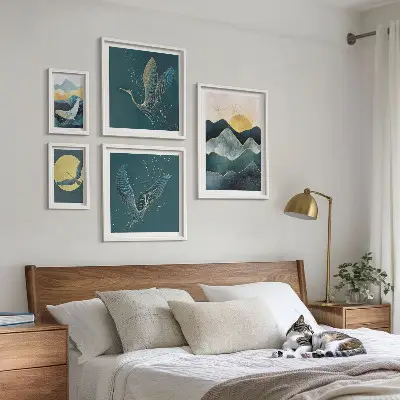 Conjunto de cuadros decorativos con diseño de pájaros y sol en la montaña