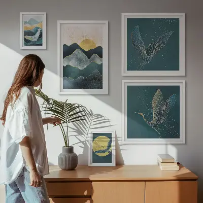 Conjunto de cuadros decorativos con diseño de pájaros y sol en la montaña