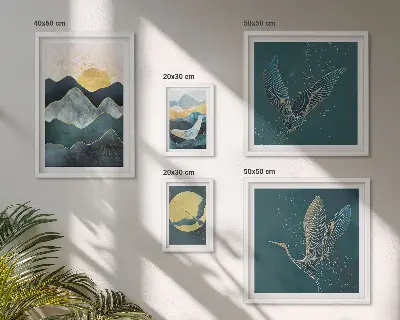 Conjunto de cuadros decorativos con diseño de pájaros y sol en la montaña