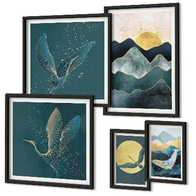 Conjunto de cuadros decorativos con diseño de pájaros y sol en la montaña