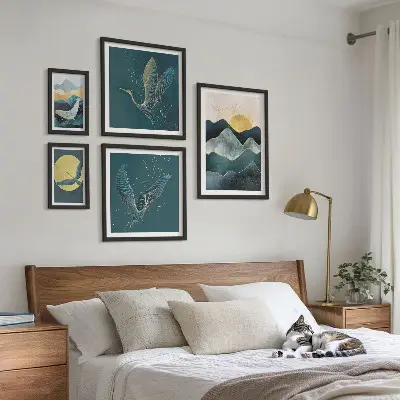 Conjunto de cuadros decorativos con diseño de pájaros y sol en la montaña
