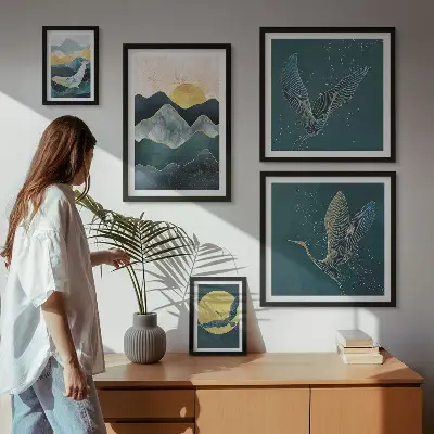 Conjunto de cuadros decorativos con diseño de pájaros y sol en la montaña