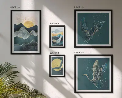 Conjunto de cuadros decorativos con diseño de pájaros y sol en la montaña