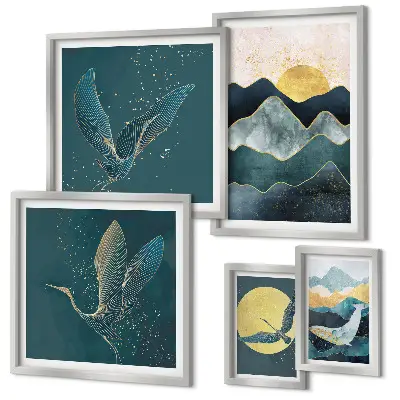 Conjunto de cuadros decorativos con diseño de pájaros y sol en la montaña