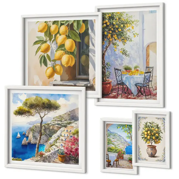 Set de 5 cuadros para salón con diseño de inspiraciones cítricas sol
