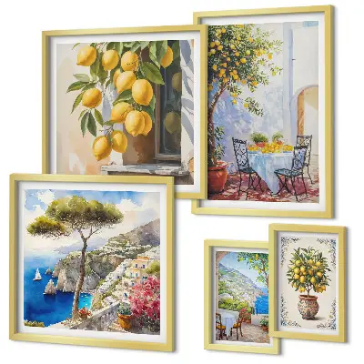 Set de 5 cuadros para salón con diseño de inspiraciones cítricas sol
