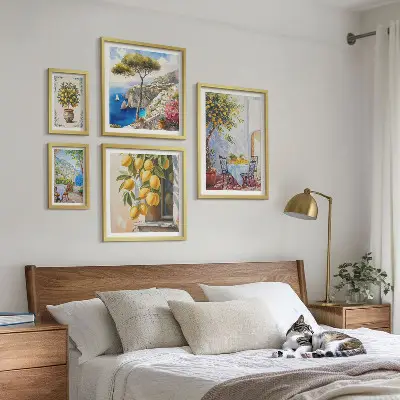 Set de 5 cuadros para salón con diseño de inspiraciones cítricas sol