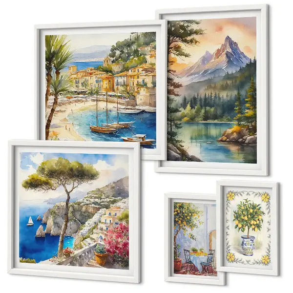 Conjunto de cuadros decorativos con paisajes de montañas y vistas al mar