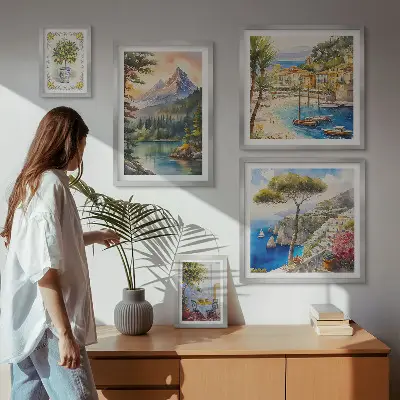Conjunto de cuadros decorativos con paisajes de montañas y vistas al mar