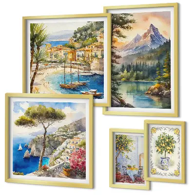 Conjunto de cuadros decorativos con paisajes de montañas y vistas al mar