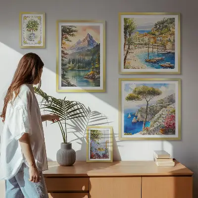 Conjunto de cuadros decorativos con paisajes de montañas y vistas al mar