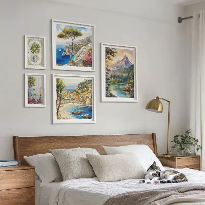 Conjunto de cuadros decorativos con paisajes de montañas y vistas al mar