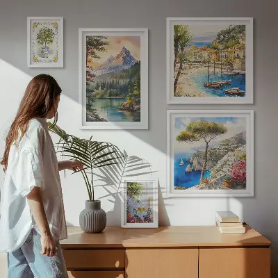 Conjunto de cuadros decorativos con paisajes de montañas y vistas al mar