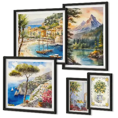 Conjunto de cuadros decorativos con paisajes de montañas y vistas al mar