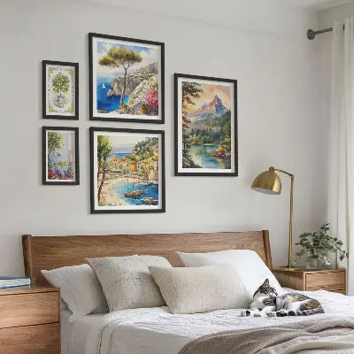 Conjunto de cuadros decorativos con paisajes de montañas y vistas al mar