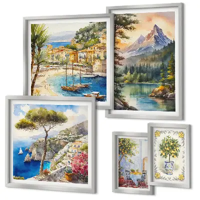 Conjunto de cuadros decorativos con paisajes de montañas y vistas al mar