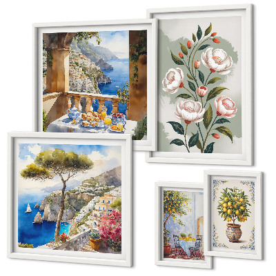 Set de 5 cuadros para salón Vistas florales pintorescas