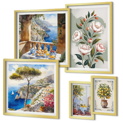 Set de 5 cuadros para salón Vistas florales pintorescas
