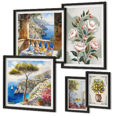 Set de 5 cuadros para salón Vistas florales pintorescas