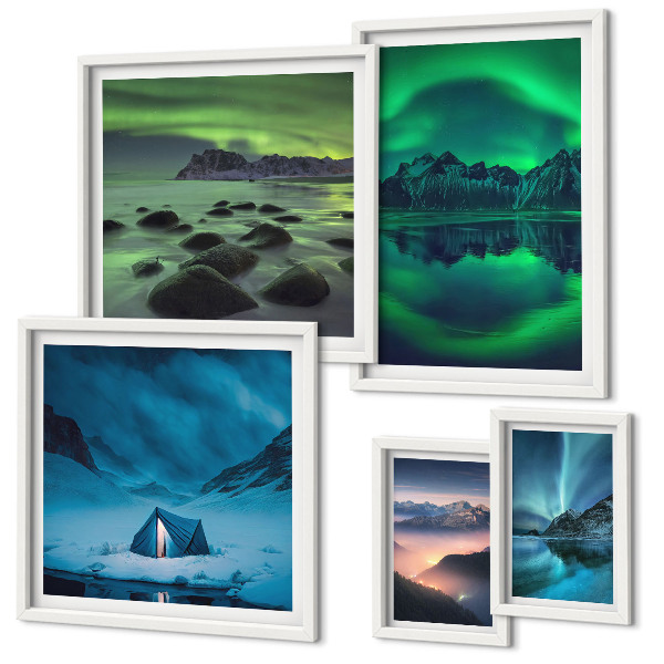 Set de 5 cuadros para salón Paisajes invernales de las montañas Aurora
