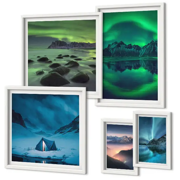 Set de 5 cuadros de paisajes invernales de las montañas Aurora para salón