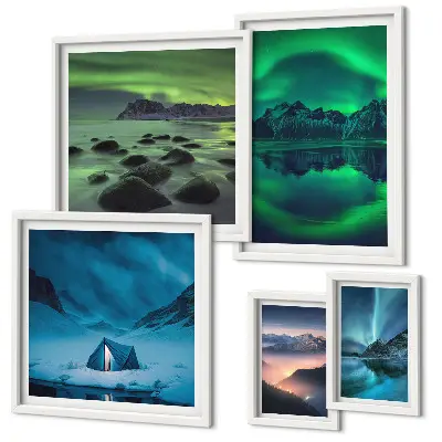 Set de 5 cuadros de paisajes invernales de las montañas Aurora para salón