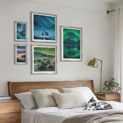 Set de 5 cuadros de paisajes invernales de las montañas Aurora para salón