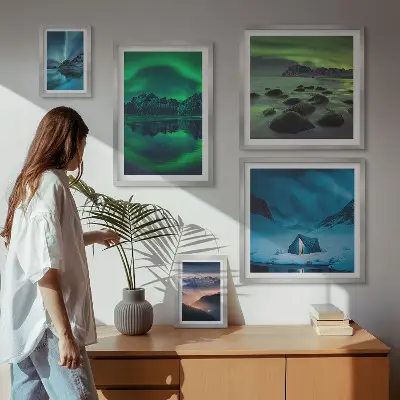 Set de 5 cuadros de paisajes invernales de las montañas Aurora para salón