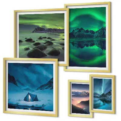 Set de 5 cuadros de paisajes invernales de las montañas Aurora para salón