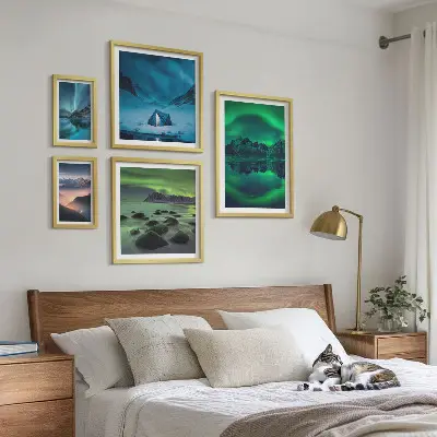Set de 5 cuadros de paisajes invernales de las montañas Aurora para salón