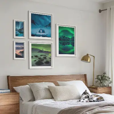 Set de 5 cuadros de paisajes invernales de las montañas Aurora para salón
