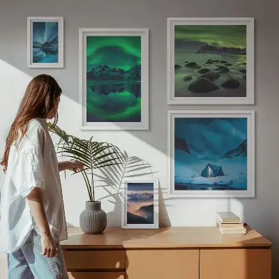 Set de 5 cuadros de paisajes invernales de las montañas Aurora para salón