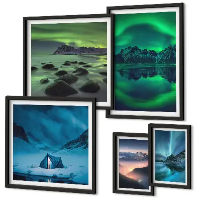 Set de 5 cuadros de paisajes invernales de las montañas Aurora para salón