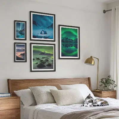 Set de 5 cuadros de paisajes invernales de las montañas Aurora para salón