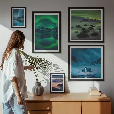 Set de 5 cuadros de paisajes invernales de las montañas Aurora para salón