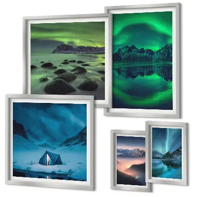 Set de 5 cuadros de paisajes invernales de las montañas Aurora para salón